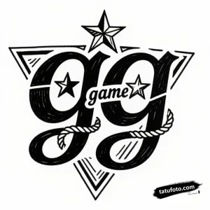 Тату-эскиз "GG" (Good Game) в стиле олд скул с морскими мотивами: звезды, веревки, ласточки. Черно-белая графика.