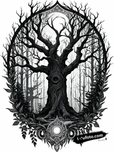 Тату-эскиз реалистичного мистического леса с духами в стиле black and grey, детализированная графика.