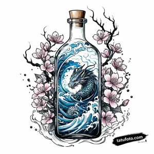 Тату-эскиз: Дракон в бутылке с зельем в стиле Irezumi, сакура, волны. Черно-серый эскиз татуировки.