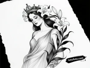 Тату-эскиз Девы в стиле black and grey, с лилиями и папоротником. Изящный и детализированный эскиз татуировки.