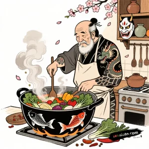 Тату-эскиз японского повара, готовящего в котле с карпами и драконом, в стиле Irezumi.