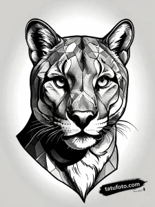 Тату-эскиз реалистичной пумы в стиле black & grey с геометрическими элементами и биомеханикой.