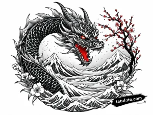 Тату-эскиз в стиле Ирэзуми: дракон, кои, Хания и сакура на фоне замерзшего пейзажа.