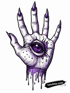 Тату-эскиз: абстрактная рука с глазом, выполненная в стиле dark art с использованием черного и фиолетового.