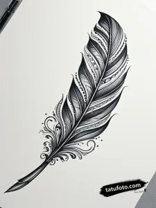 Тату-эскиз изящного пера в орнаментальном стиле, выполненный в технике blackwork и dotwork. Детализированный эскиз татуировки.