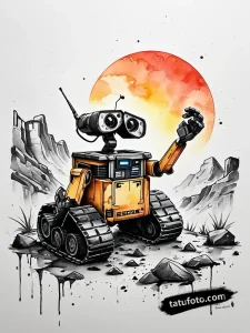 Тату-эскиз WALL-E, смотрящего на закат в стиле акварельной графики. Детализированный эскиз татуировки.
