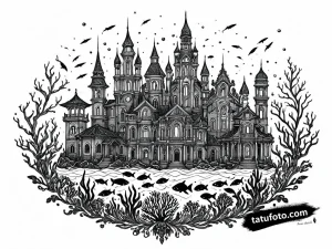 Тату-эскиз подводного города в стиле нео-традишнл с элементами ар-нуво, детализированная графика, блэкворк.