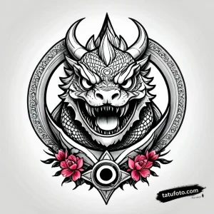 Эскиз татуировки дракона в японском стиле Irezumi с розами и геометрическими элементами. Тату-эскиз для полноразмерной татуировки.