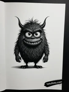 Тату-эскиз монстра из "Корпорации монстров" в стиле dark art, выполненный тонкими линиями и черным цветом.