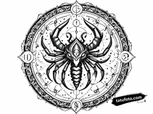 Тату-эскиз Скорпиона в стиле ornamental с эффектом 'глитча', выполненный в технике дотворка и лайна.