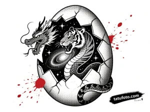 Тату-эскиз: Дракон и Тигр, вырывающиеся из разбитого космического яйца в стиле Trash Polka и абстрактного реализма.