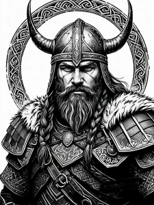 Тату-эскиз воина-викинга в стиле блэкворк, с рогами и скандинавским орнаментом, на белом фоне.