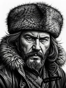 Тату-эскиз реалистичного портрета казака в стиле блэкворк, с саблей и в традиционном костюме.