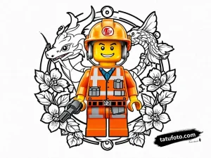 Тату-эскиз Эммета из Lego в стиле Ирэзуми с драконом и сакурой. Уникальный дизайн для татуировки.