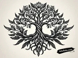 Эскиз татуировки Древа Жизни с перьями и троллями в стиле American Traditional. Тату-эскиз для сильных и уверенных.