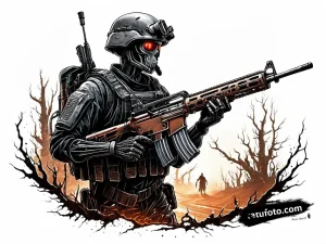 Тату-эскиз кибернетического солдата в стиле дарк-фэнтези, с оружием на фоне пустынного пейзажа.