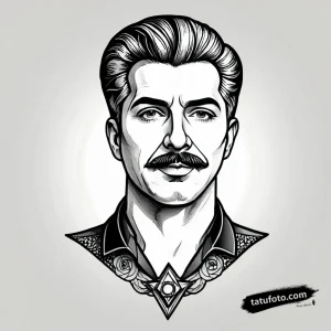 Тату-эскиз портрета Иосифа Сталина в стиле винтажной графики, выполненный техникой дотворка.