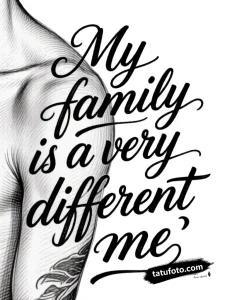 Тату-эскиз: Каллиграфическая надпись 'My family is a very different me' в стиле олд скул на фоне руки.