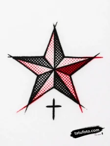 Тату-эскиз звезды и креста в стиле минимализм, выполненный техникой дотворк с использованием черного и красного цветов.