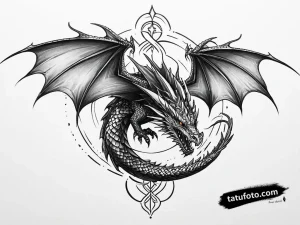 Тату-эскиз дракона в процессе трансформации, выполненный в технике blackwork с тонкой детализацией и градиентами.