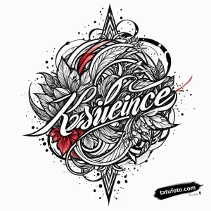 Тату-эскиз 'Resilience' в стиле Trash Polka с элементами абстрактного реализма и красными акцентами.
