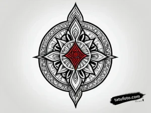Тату-эскиз: сложная мандала с геометрическими узорами и красным акцентом, выполненная в графическом стиле.