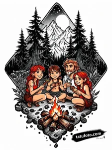 Тату-эскиз семьи Croods у костра в стиле нео-традишнл с элементами ар-нуво. Черно-красный эскиз татуировки.