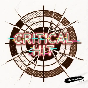 Тату-эскиз 'Critical Hit' в стиле глитч-арт и дотворка с неоновой надписью и разбитой пиксельной мишенью.