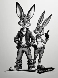 Тату-эскиз Ника Уайлда и Джуди Хоппс из мультфильма Zootopia в стиле блэкворк с дотворком. Эскиз татуировки.