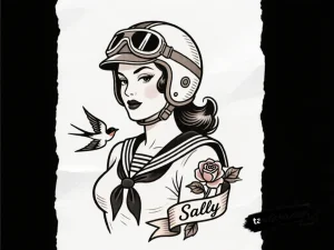 Тату-эскиз: девушка Sally в винтажном гоночном шлеме в стиле олдскул, с ласточкой и розой.