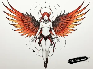 Тату-эскиз Nimona с распростертыми огненными крыльями в стиле дотворк и элементами геометрии. Фэнтези татуировка.