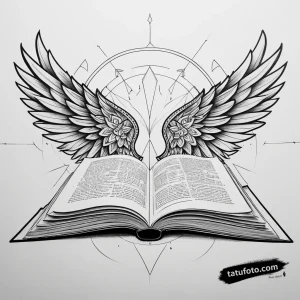 Тату-эскиз с крыльями ангела, сложенными над открытой книгой, в стиле чистой геометрии и сакральных узоров.
