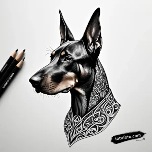 Эскиз татуировки Добермана в стиле Blackwork с детальной штриховкой и четкими линиями, на чистом белом фоне.