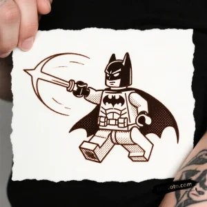 Тату-эскиз минималистичного Бэтмена Lego, бросающего бэтаранг, в стиле дотворка и сепии.