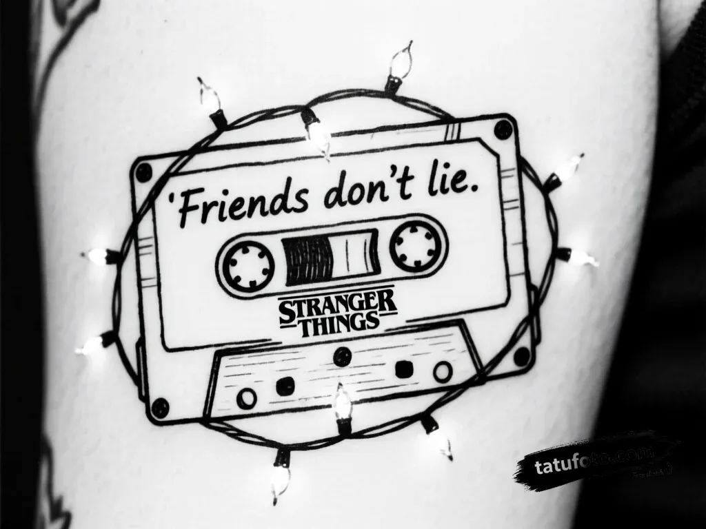 эскиз для тату с надписью friends don’t liе, кассе — Квин +Надписи — минимализм — чёрно-белая [d902eb]