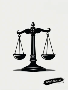 Тату-эскиз весов правосудия в стиле минималистичный блэкворк с мягкой тенью на чистом белом фоне