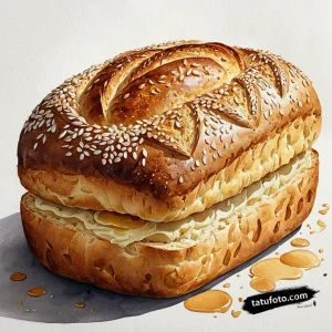 Тату-эскиз аппетитного домашнего хлеба с золотистой корочкой, покрытой семенами, в стиле New School и Watercolor.