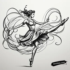 Tattoo sketch, graceful dancer mid-leap with flowi - Джагер Простой - Автогенерация [9a86ed]