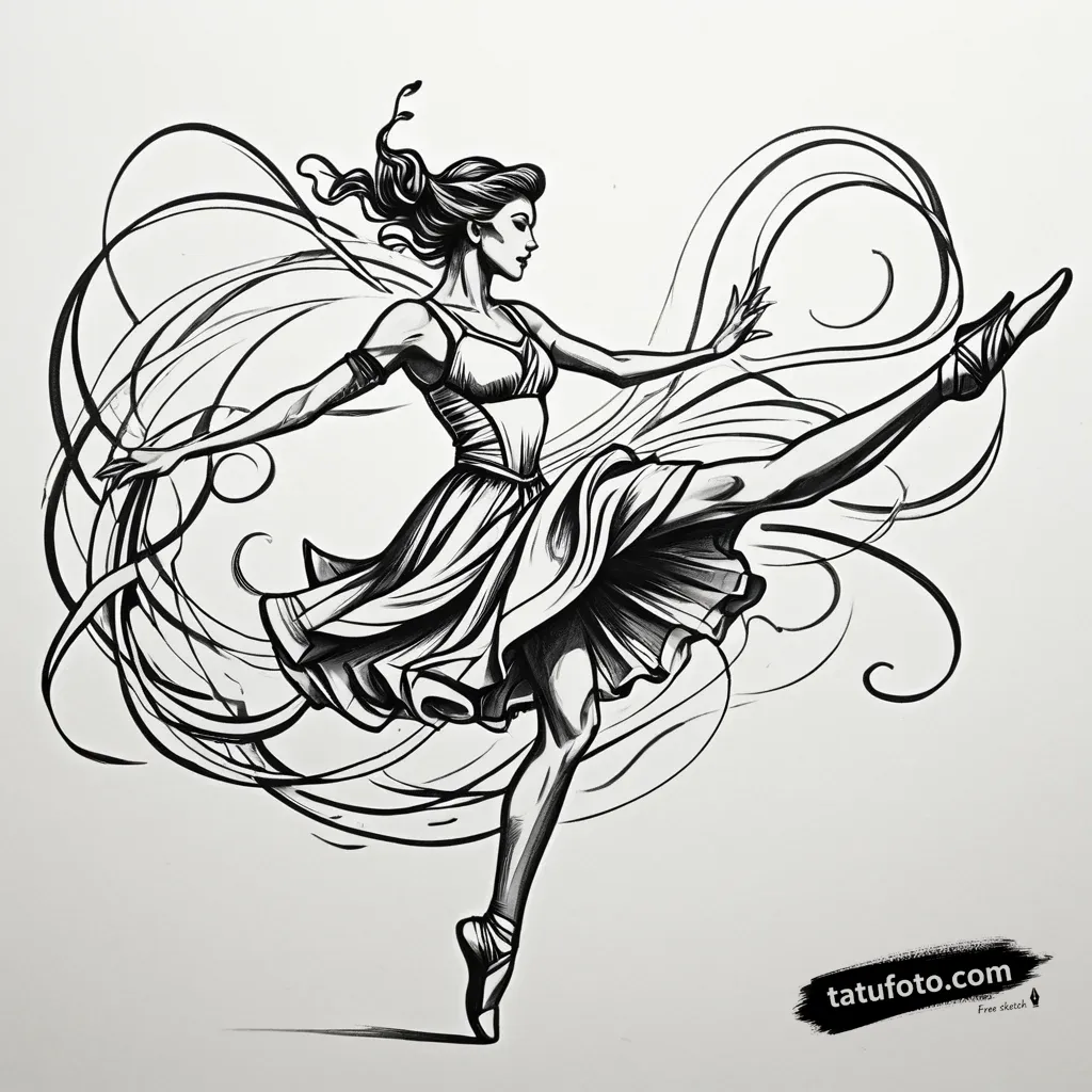 Tattoo sketch, graceful dancer mid-leap with flowi — Джагер Простой — Автогенерация [9a86ed]