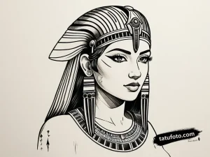 Эскиз татуировки Клеопатры, выполненный в технике штриховки pen and ink, с винтажным оттенком.