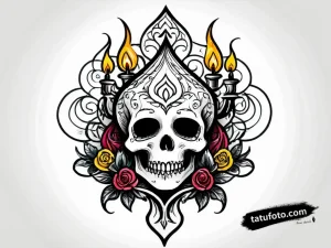 Тату-эскиз "La Muerte" (Смерть) в окружении роз и свечей, выполненный в стиле графики с элементами дотворка.