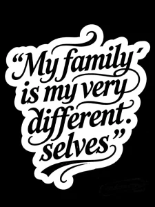Эскиз татуировки в стиле блэкворк с цитатой "My family is my very different selves", выполненный жирными линиями.