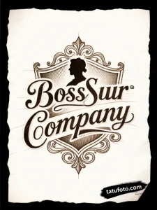 Эскиз татуировки "Boss Company" в винтажном стиле с силуэтом и декоративными элементами, выполненный в технике штриховки.