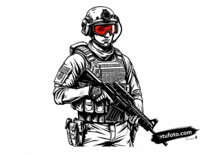 Эскиз татуировки спецназовца в минималистичном стиле с красными очками ночного видения и оружием.