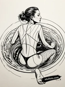 Эскиз татуировки в стиле Trash Polka: пловец в бассейне, черно-красные тона, коллаж, абстрактный реализм, чистые линии.