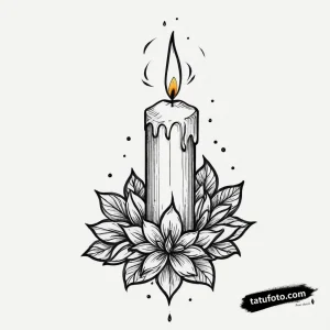 Эскиз татуировки в стиле Blackwork: горящая свеча с пламенем, окруженная цветами и листьями, с красным акцентом.