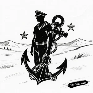 Эскиз татуировки в стиле американского традиционала: моряк с якорем и звездами, черно-белый контур