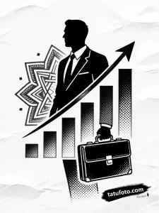Эскиз татуировки: силуэт амбициозного менеджера с портфелем, графики роста и элементы сакральной геометрии