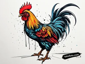 Эскиз тату петуха в стиле Trash Polka с яркими красными, желтыми и синими перьями, нарисованный смелыми чернилами.