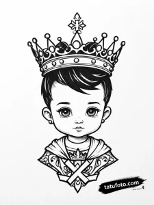Тату-эскиз силуэта Boss Baby с короной, выполненный в черно-красном стиле с акцентом на эскизные линии.